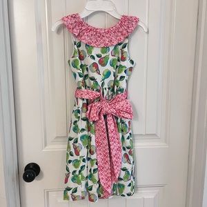 Bailey Boys Size 6 and 8 pear printed dress with pink ruffle collar.